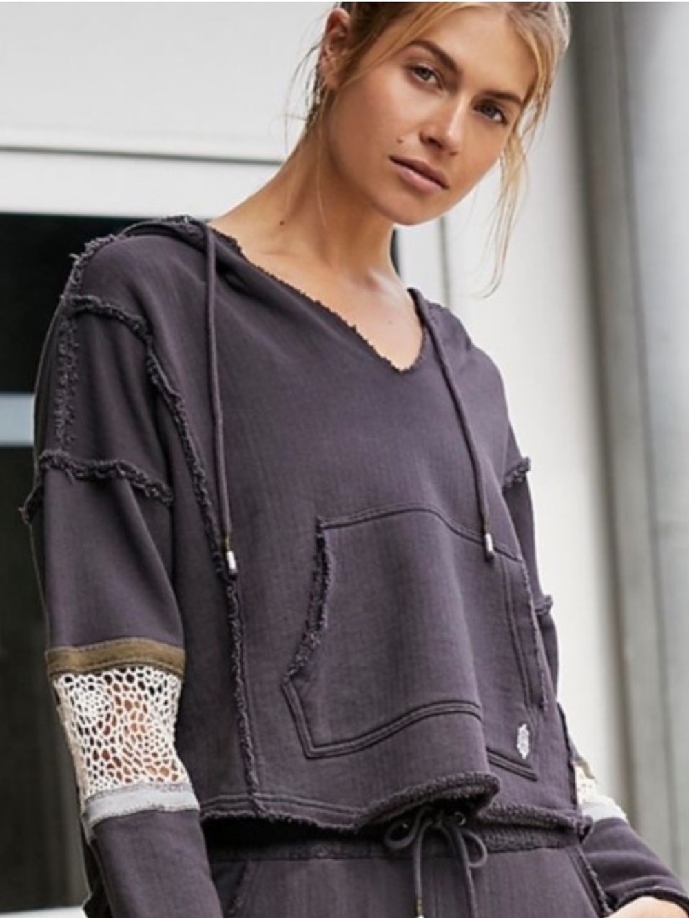 FP Movement Dream Catcher Hoodie Gray Crochet Raw Hem Size M